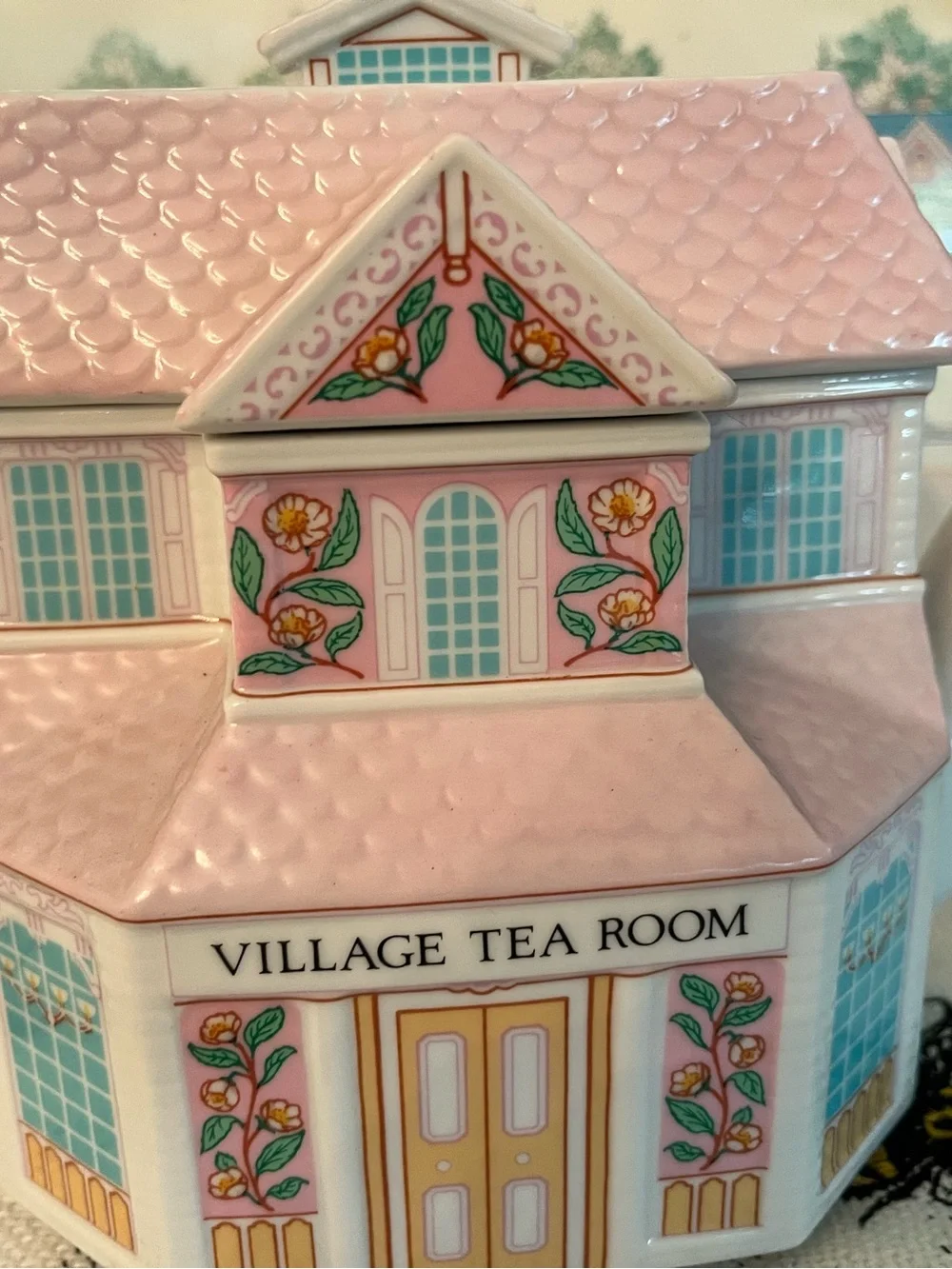 LENOX Village Tea Room Pink Ceramic House Teapot, Vintage 1990s